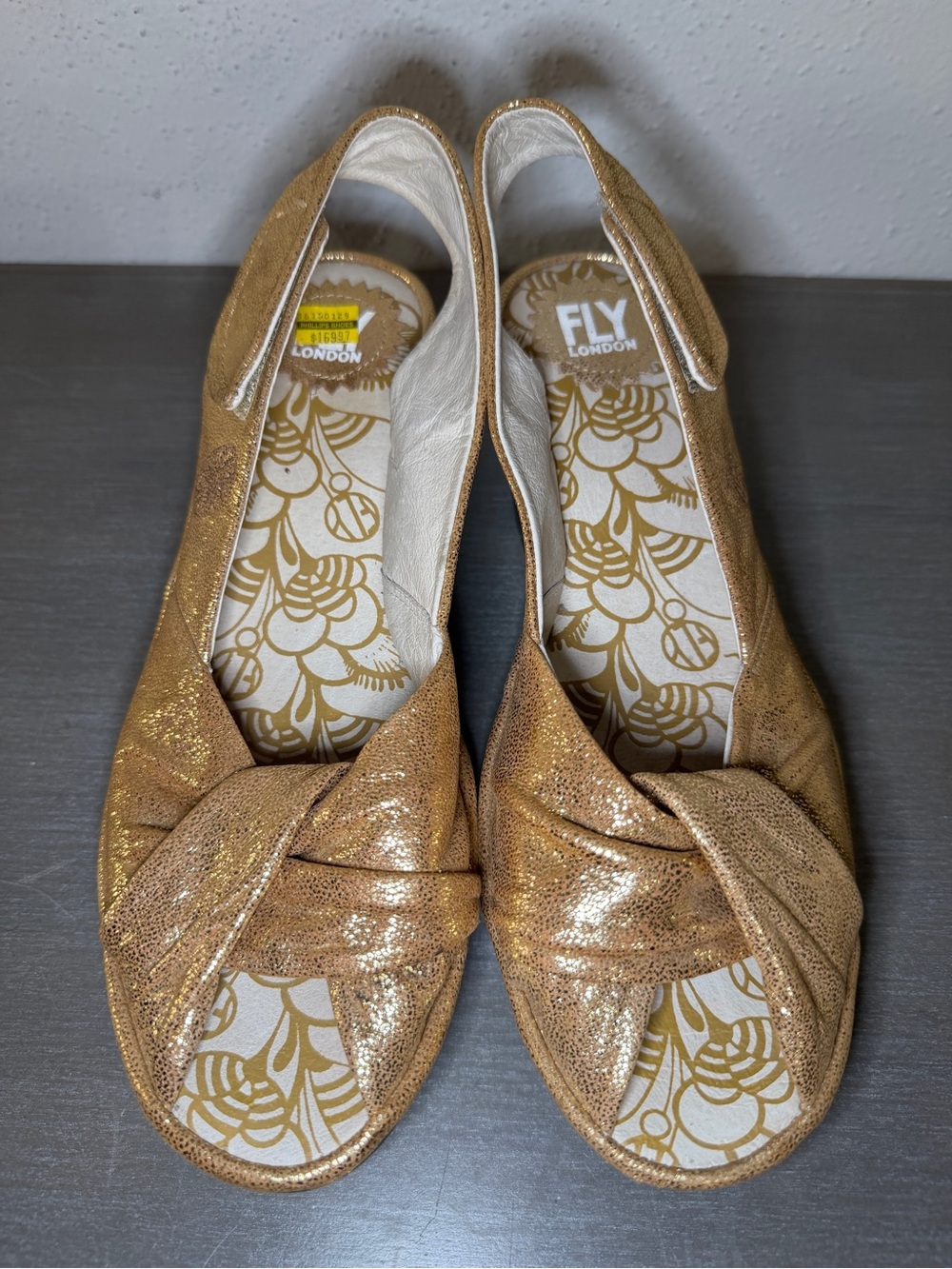 Fly London Metallic Gold Leather Slingback Wedge Sandals Open Toe EU 39